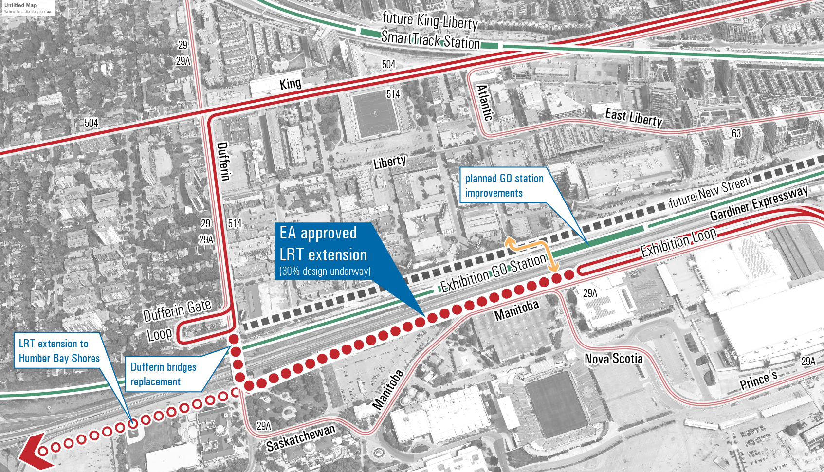 Transit projects include the LRT extension from Dufferin Gate Loop to Exhibition Loop, planned Exhibition GO Station improvements, Dufferin bridge replacement and the LRT extension to Humber Bay Shore