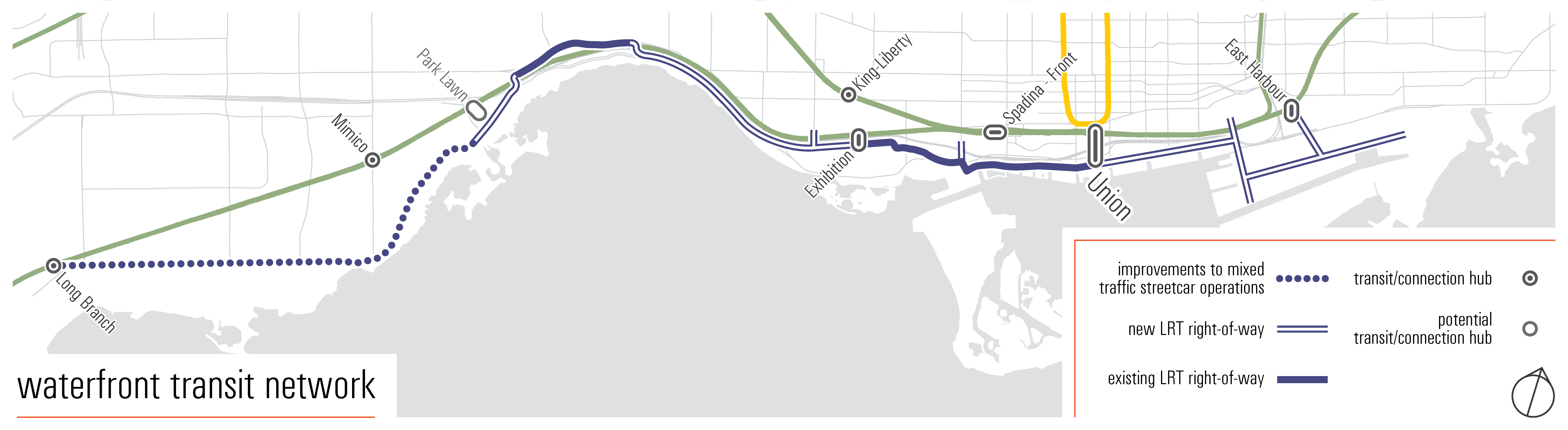 Waterfront transit map. The new transit will connect Long Branch across the waterfront to Union then east to East Harbour