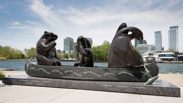 Statue of animals in a canoe