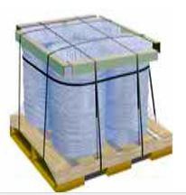 Image of a shipping drum strapped to a pallet