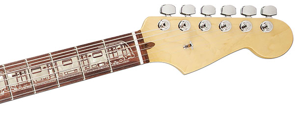 The neck of a guitar with an image of a subway train drawn into it. The neck of a guitar with an image of a subway train drawn into it.