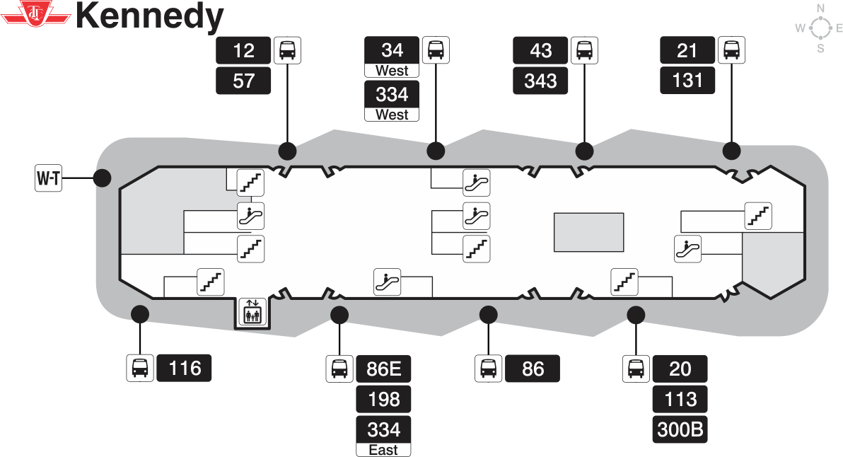 Map of bus platform with bus route stops at Kennedy Station