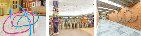 Decorative art display on station floor, wall and pillar. 